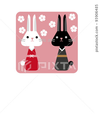一對穿著和服粉紅色的黑白兔子的插圖 93906485