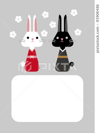 一對穿著和服灰色的黑白兔子的框架插圖 93906486