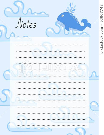 Cute whale decorated blank printable notes for kids vector illustration, flat style images with funny pattern for children stationery, notes, organizer, timetable, to do list Cute whale decorated blank printable notes for kids vector illustration, flat style images with funny pattern for children stationery, notes, organizer, timetable, to do list 93907748