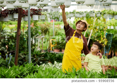 Flower nursery owner explaining son how to care about plants in hanging pots 93908556