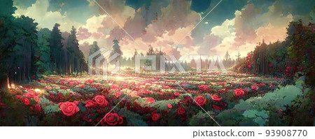 夢幻般的世界觀、神秘的花朵、草地和光線的令人印象深刻的插圖 93908770