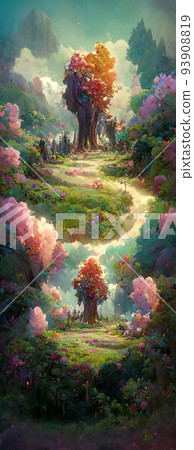 令人印象深刻的插圖與奇妙的世界觀和神秘的草原景觀和燈光 93908819