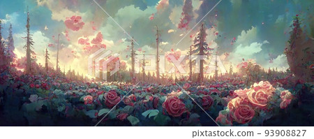 夢幻般的世界觀、神秘的草原景觀和黃昏之光的令人印象深刻的插圖 夢幻般的世界觀、神秘的草原景觀和黃昏之光的令人印象深刻的插圖 93908827