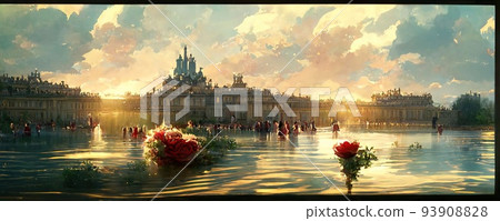 令人印象深刻的世界美景、神秘湖景和黃昏之光的插圖 93908828