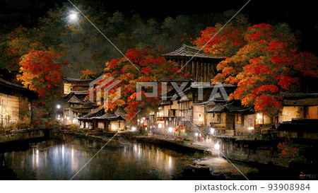讓人想起舊京都的夜景，紅葉的季節，幻想世界的“AI生成圖像” 93908984