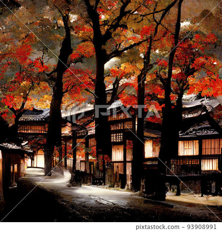 A night view of a townscape reminiscent of old Kyoto, the season of autumn leaves, a fantasy world "AI-generated image" 93908991