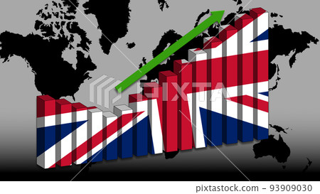 English economy goes up, the economic indicators are good. The state flag on a rising graph. In the background a world map English economy goes up, the economic indicators are good. The state flag on a rising graph. In the background a world map 93909030