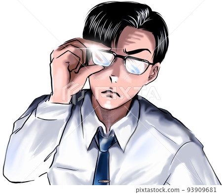 一位身穿西裝、打著領帶的黑髮眼鏡辦公室工作人員的彩色卡通畫，看上去可疑 93909681