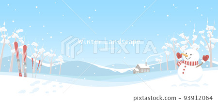Winter landscape background illustration Snow scene and snowman 93912064