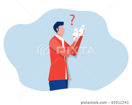 Imposter syndrome; masks with happy or sad expressions.Bipolar disorder; fake faces and emotions. Psychology; false behavior or deceiver.vector illustrator 93912241