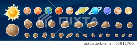 Cartoon space planets and asteroids sticker set, flat astronomical objects art label collection, comic celestial bodies vector illustration patch on blue background for child game graphic design 93912760