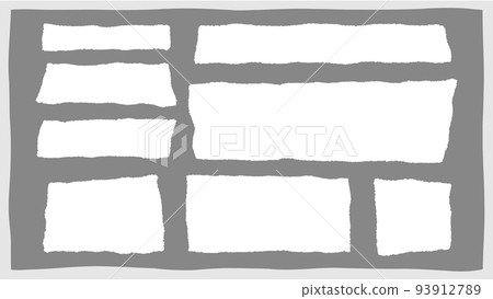 Blank torn notebook note, edge tear page header background, white rip paper banner, rectangular grunge cardboard shred, isolated ripped newspaper piece, vector illustration set. 93912789