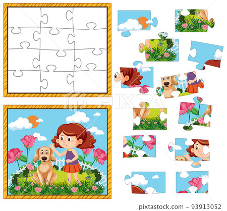 Girl with dog photo puzzle game template 93913052