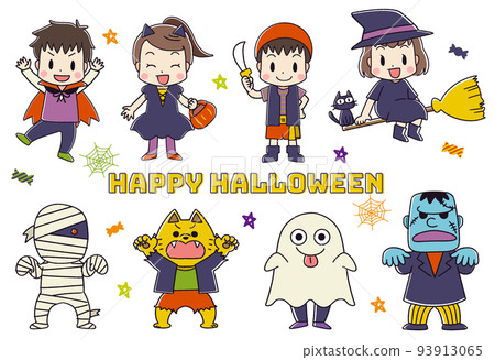 Illustration of children in Halloween costumes and monsters with lines 93913065