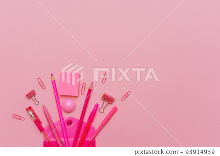 Supplies creative tools for school creative work on pink background stationery Supplies creative tools for school creative work on pink background stationery 93914939