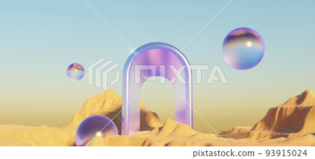 Abstract Dune cliff sand with metallic Arches and clean blue sky. Surreal minimal Desert natural landscape background. Scene of Desert with glossy metallic arches geometric design. 3D Render. Abstract Dune cliff sand with metallic Arches and clean blue sky. Surreal minimal Desert natural landscape background. Scene of Desert with glossy metallic arches geometric design. 3D Render. 93915024