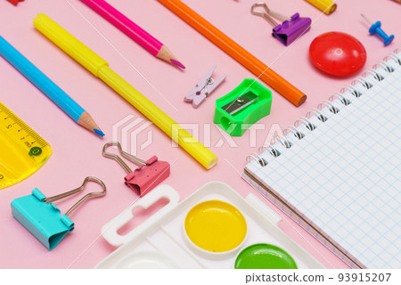 School note and landing on pink background. Back to school, home study creative School note and landing on pink background. Back to school, home study creative 93915207
