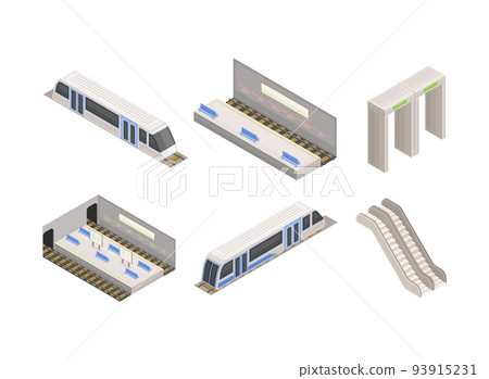 Metro or Subway as Rapid Transit Urban System with Electric Vehicle, Platform and Moving Staircase Isometric Vector Set Metro or Subway as Rapid Transit Urban System with Electric Vehicle, Platform and Moving Staircase Isometric Vector Set 93915231