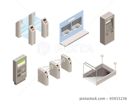 Metro or Subway as Rapid Transit Urban System with Turnstile, Entrance and Ticket Vending Machine Isometric Vector Set 93915236
