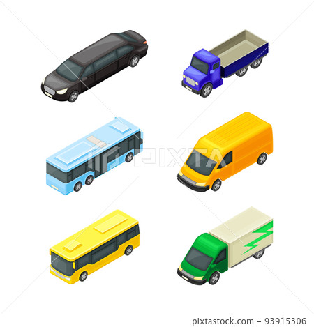 Van, Bus and Limousine as Road Vehicle and Urban Transport Isometric Vector Set 93915306