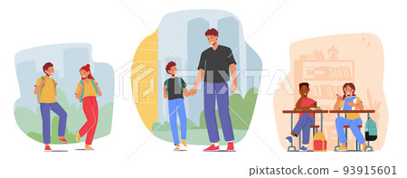 Education, Back to School Concept. Kids Walking with Rucksacks, Son with Father, Classmates Sitting at Desk 93915601
