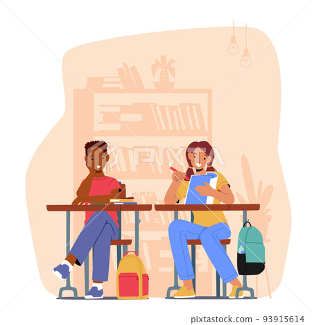 Happy School Kids Boy and Girl Sitting at Desk in Classroom Studying. Schoolboy and Schoolgirl Listen and Write Lesson Happy School Kids Boy and Girl Sitting at Desk in Classroom Studying. Schoolboy and Schoolgirl Listen and Write Lesson 93915614