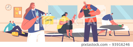 Volunteers Help Refugees in Shelter during War Conflict, Nature Disaster, Catastrophe or Accident, Vector Illustration 93916246