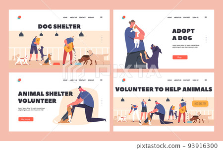 Volunteers Help Animals Landing Page Template Set. Shelter, Pound, Rehabilitation or Adoption Center for Homeless Pets 93916300