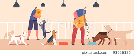 Friendly Male Female Volunteer Characters Feeding Dogs in Animal Shelter or Pound. Young Man and Woman Giving Food 93916325