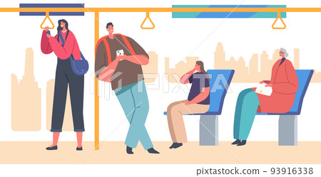 People in Bus with Large Windows, City Dwellers Men and Women Passengers in Public Transport. Characters in Transit 93916338