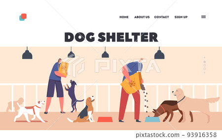 Shelter Landing Page Template. Volunteer Characters Feeding Dogs in Animal Pound. Man and Woman Giving Food to Puppies 93916358