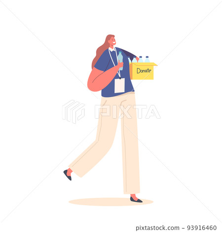 Volunteer Woman with Donation Humanitarian Aid. Female Character Carry Box with Donated Water Bottles 93916460