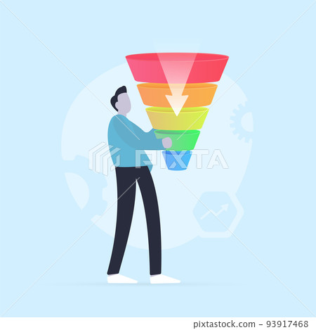 Marketing conversion, consumer-focused purchase or sales funnel concept. Business character marketer holding funnel with flow of purchase money Marketing conversion, consumer-focused purchase or sales funnel concept. Business character marketer holding funnel with flow of purchase money 93917468