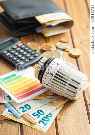 Thermostatic valve head, euro money and energy label on wooden table. Concept of increasing heating prices. Thermostatic valve head, euro money and energy label on wooden table. Concept of increasing heating prices. 93918732