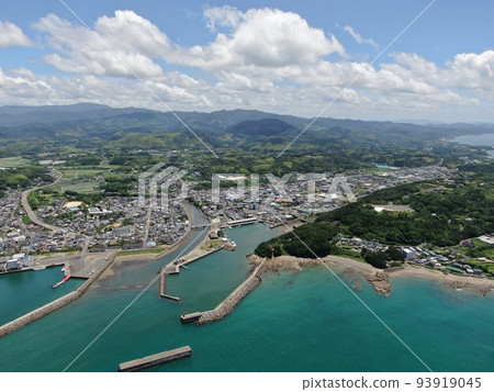 Aerial view of harbor landscape and city area from above Akune Port Aerial view of harbor landscape and city area from above Akune Port 93919045