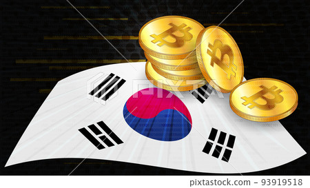 Stacks of gold coins of Bitcoin BTC on colored flag of South Korea on dark digital background. Central Bank of Republic of Korea adopts laws on digital assets CBDC. 93919518