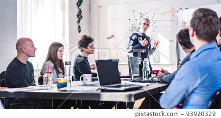 Relaxed informal IT business startup company team meeting. 93920329