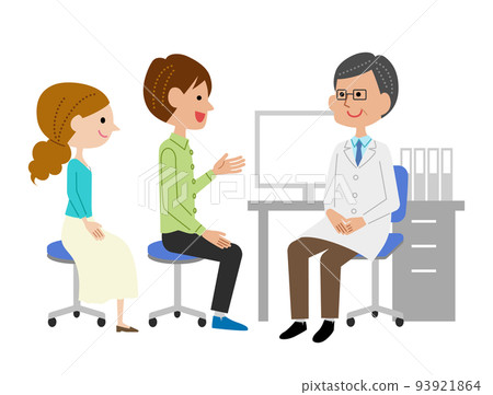 一對年輕夫婦在醫生辦公室向一位男醫生解釋 93921864