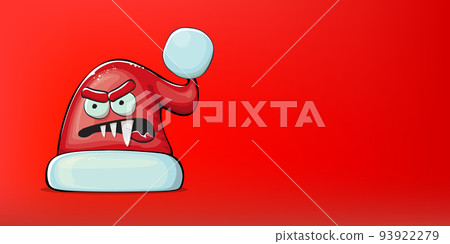 Vector cartoon Santa Claus red hat with smile face isolated on christmas red horizontal bannner background. Childrens Merry Christmas greeting card with funny monster Santa hat. Santa red hat 93922279