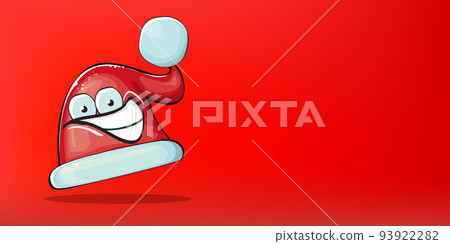 Vector cartoon Santa Claus red hat with smile face isolated on christmas red horizontal bannner background. Childrens Merry Christmas greeting card with funny monster Santa hat. Santa red hat Vector cartoon Santa Claus red hat with smile face isolated on christmas red horizontal bannner background. Childrens Merry Christmas greeting card with funny monster Santa hat. Santa red hat 93922282