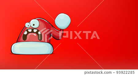 Vector cartoon Santa Claus red hat with smile face isolated on christmas red horizontal bannner background. Childrens Merry Christmas greeting card with funny monster Santa hat. Santa red hat 93922285