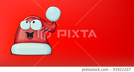 Vector cartoon Santa Claus red hat with smile face isolated on christmas red horizontal bannner background. Childrens Merry Christmas greeting card with funny monster Santa hat. Santa red hat Vector cartoon Santa Claus red hat with smile face isolated on christmas red horizontal bannner background. Childrens Merry Christmas greeting card with funny monster Santa hat. Santa red hat 93922287