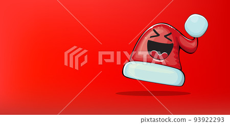 Vector cartoon Santa Claus red hat with smile face isolated on christmas red horizontal bannner background. Childrens Merry Christmas greeting card with funny monster Santa hat. Santa red hat 93922293