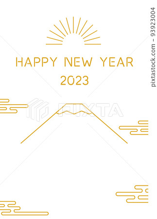 Japanese-style New Year's card for the year of the rabbit in 2023, a simple line drawing of Mt. Fuji and the first sunrise of the year 93923004
