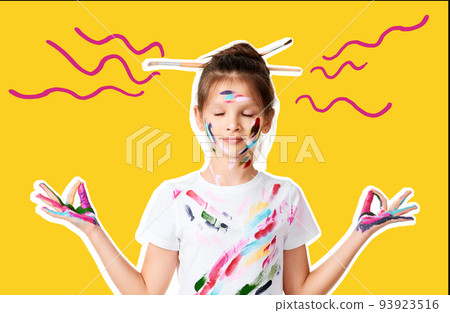 little child girl with hands painted in colorful paint meditating in lotus position little child girl with hands painted in colorful paint meditating in lotus position 93923516