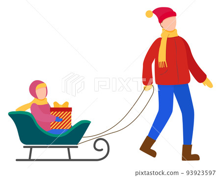 Father Rides Kid on Sled, Winter Cold Weather Father Rides Kid on Sled, Winter Cold Weather 93923597