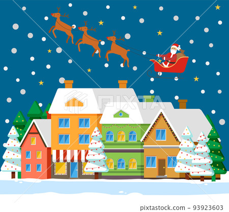 Winter Holiday Card with Santa and House Vector 93923603