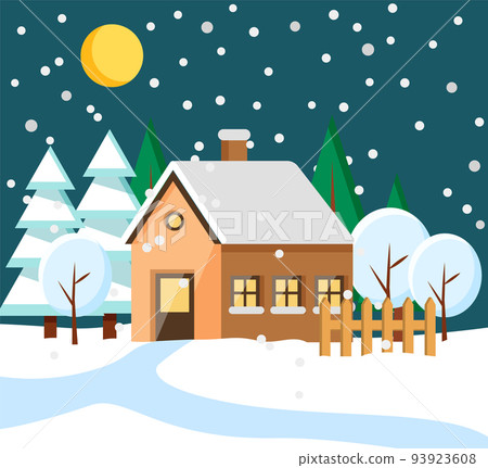 House in Rural Area at Winter Night Town Building 93923608
