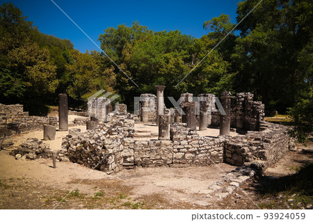 Panoramic view to Remains of the baptistery ruins of ancient town of Butrint , Sarande, Albania Panoramic view to Remains of the baptistery ruins of ancient town of Butrint , Sarande, Albania 93924059