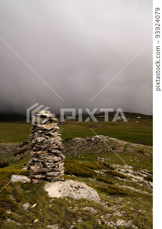 Landscape of Mavrovo national park with mountain and stone pyramid, FYR Macedonia 93924079